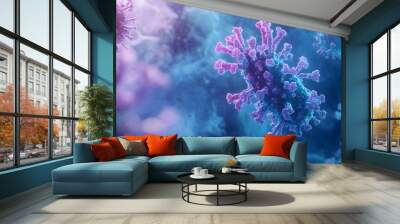 Respiratory Syncytial Virus (RSV) in a Respiratory Tract Setting, hues of blues and purples to represent the airway and the virus's impact on respiratory health Wall mural