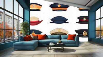 set collection of stylish navy ship military captain or high rank army general and police officer security guard hat in different colors, isolated on white png transparent background Wall mural