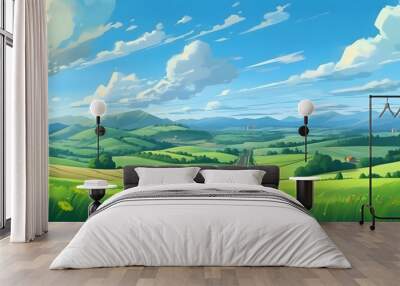 Summer fields, hills landscape, green grass, blue sky with clouds, flat style cartoon painting illustration. Generative AI. Wall mural