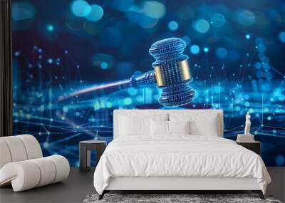 Technological blue digital gavel surrounded by digital data on blue bokeh background, representing the role of artificial intelligence in business justice. judge hammer Wall mural