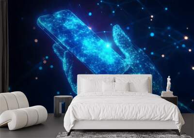 technology in electronics, digital blue low poly hand holding a smartphone with glowing data streams, ai in mobile applications, virtual assistants, communication platforms ,connectivity Wall mural