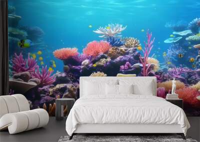 Underwater coral reef landscape with colorful fish. IA Generative Wall mural