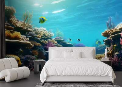 Underwater coral reef landscape with colorful fish. IA Generative Wall mural