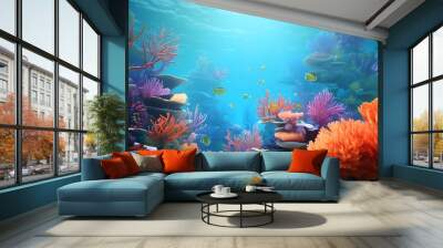 Underwater coral reef landscape with colorful fish. IA Generative Wall mural