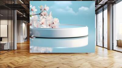 White product display podium with water reflection and blossom flowers on blue background. 3D rendering Wall mural