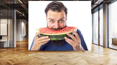 Bearded man eating watermelon Wall mural