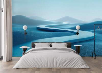 Serene 3D Render of a Long Winding Road on a Blue Background, Minimalist Landscape Design with Endless Path Wall mural