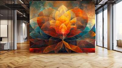 Capture the essence of quantum consciousness through a panoramic view that challenges perceptions of reality Integrate elements of light, shadow, and geometric illusions to create a  Wall mural