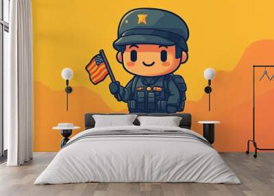 Cartoon Soldier Holding American Flag Illustration Wall mural