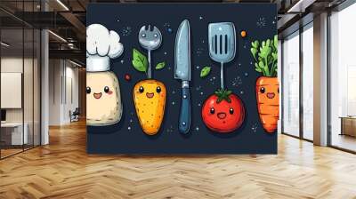 Cute Cartoon Food Illustration with Chef Hat  Knife  Spatula  Carrot  Tomato and Fork Wall mural