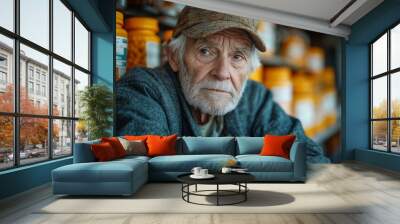 Elderly Man Portrait  Wrinkles  Grey Hair  Serious Expression  Close Up Wall mural