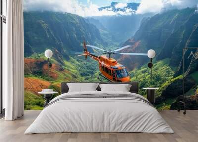 Helicopter Flying Over Lush Green Mountains in Kauai Wall mural