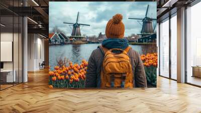 Man with Backpack Admires Dutch Windmills and Tulips Wall mural