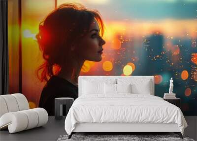 Woman Silhouette Against Sunset City Lights Wall mural