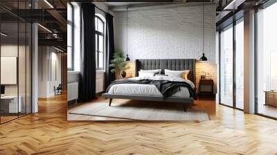 Simply bedroom in industrial design with white brick wall, wood floor, concrete ceiling, black cotton curtain and headboard full panel bed in modern style home. Common scandinavian interior clean look Wall mural