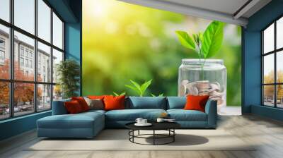 Coins in glass jar with trees growing for saving money concept Wall mural