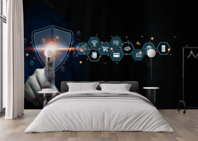 Hand touch cyber security icon for cybercrime attack and threats Internet personal safety information computer network key lock login to privacy website protection or email access identity concepts. Wall mural