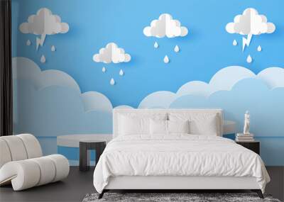 Paper cut of white and blue color cylinder podium for products display presentation with clouds, raindrops and lightning. Vector illustration Wall mural