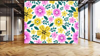 Seamless pattern with pink and yellow flower blossom garden. Cute hand drawn floral pattern for your fabric, summer background, wallpaper, backdrop, textile. Wall mural