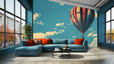 A colorful hot air balloon floats in the clear blue sky landscape abstract art poster background Wall mural