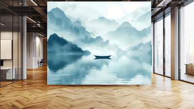 Blue and green boat and foggy mountains illustration poster background Wall mural