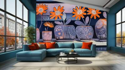 Blue and orange vase bouquet plant pattern illustration poster background Wall mural