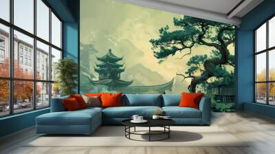 Classical traditional Chinese green trees building illustration poster background Wall mural