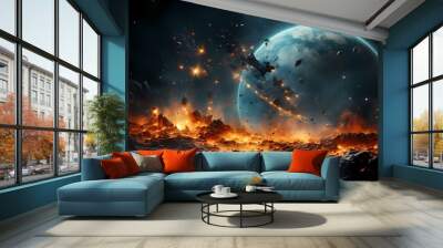 Digital blue and orange broken planet poster background Wall mural