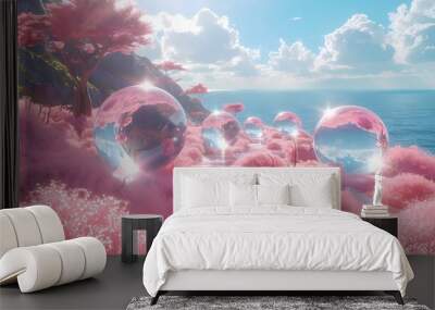 Digital pink acrylic sphere grass sea poster PPT background Wall mural