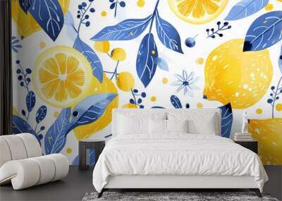 Digital yellow and blue lemon pattern illustration poster web page PPT background Wall mural