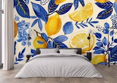 Digital yellow and blue lemon pattern illustration poster web page PPT background Wall mural