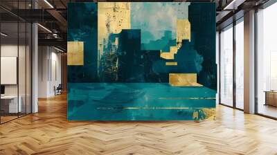 gold and green architectural landscape illustration poster background
 Wall mural