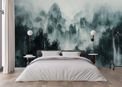 landscape shrouded in rain and mist drawn with a brush illustration abstract background decorative painting Wall mural