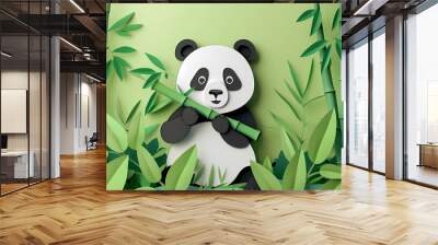 Paper cut bamboo forest panda illustration poster background Wall mural