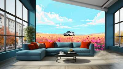 Pink and yellow flowers grassland and car illustration poster background Wall mural