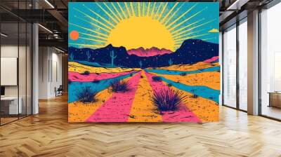 Retro desert sun psychedelic illustration poster background Wall mural