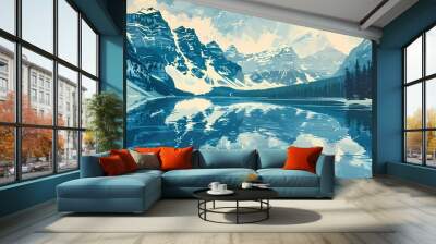 serene alpine lake surrounded by towering snow abstract illustration poster background Wall mural