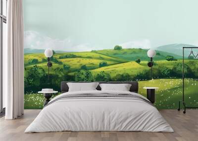 Spring green rural fields flat illustration poster background Wall mural