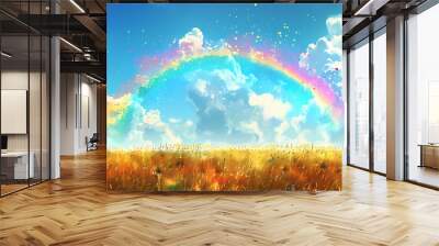 The rainbow appeared in the field illustration poster background Wall mural