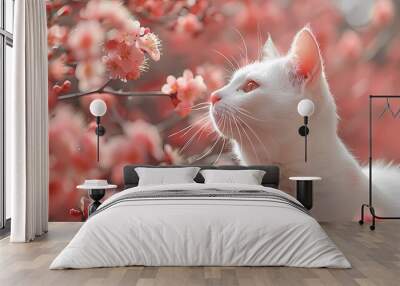 Traditional red wall plum blossoms and white cat scene illustration poster background Wall mural