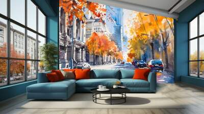 Watercolor autumn city illustration poster background Wall mural