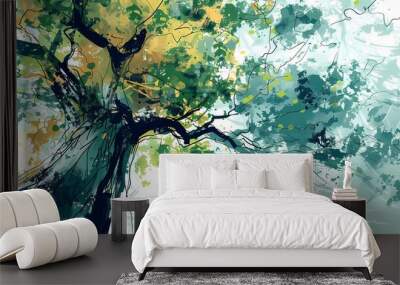 Watercolor colorful big tree bottom view illustration poster background Wall mural