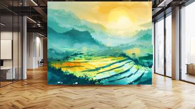 Yellow and green traditional terraced fields illustration poster background Wall mural