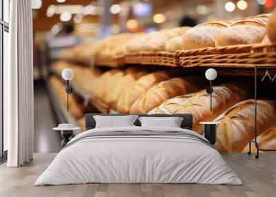 Freshly baked bread on shelf in bakery shop, closeup. Wall mural