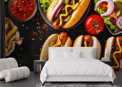 Hot dog with ketchup, mustard and onions on a wooden background Wall mural