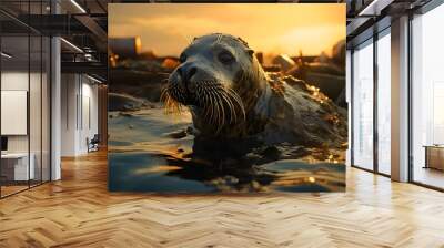 oil spill in the ocean, symbolizing the devastating effects of pollution on marine life and ecosystems.  Wall mural