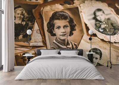 Vintage photo album with old photos of a beautiful in retro style Wall mural