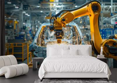 Automobile assembly line production, automation robot arm in a car factory, industrial manufacturer concept Wall mural