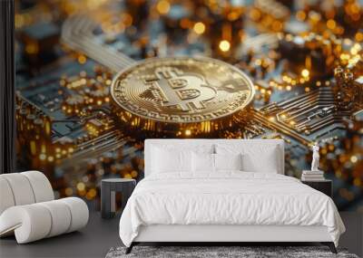 Bitcoin's Digital Kingdom: A golden Bitcoin rests atop a glowing circuit board, embodying the fusion of finance and technology in the age of cryptocurrency. Wall mural