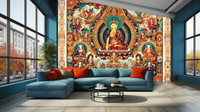 Buddhist Deity Thangka Painting: A vibrant and intricate thangka painting depicting a central deity, surrounded by celestial figures and symbolic imagery, reflecting the rich tradition of Tibetan Wall mural